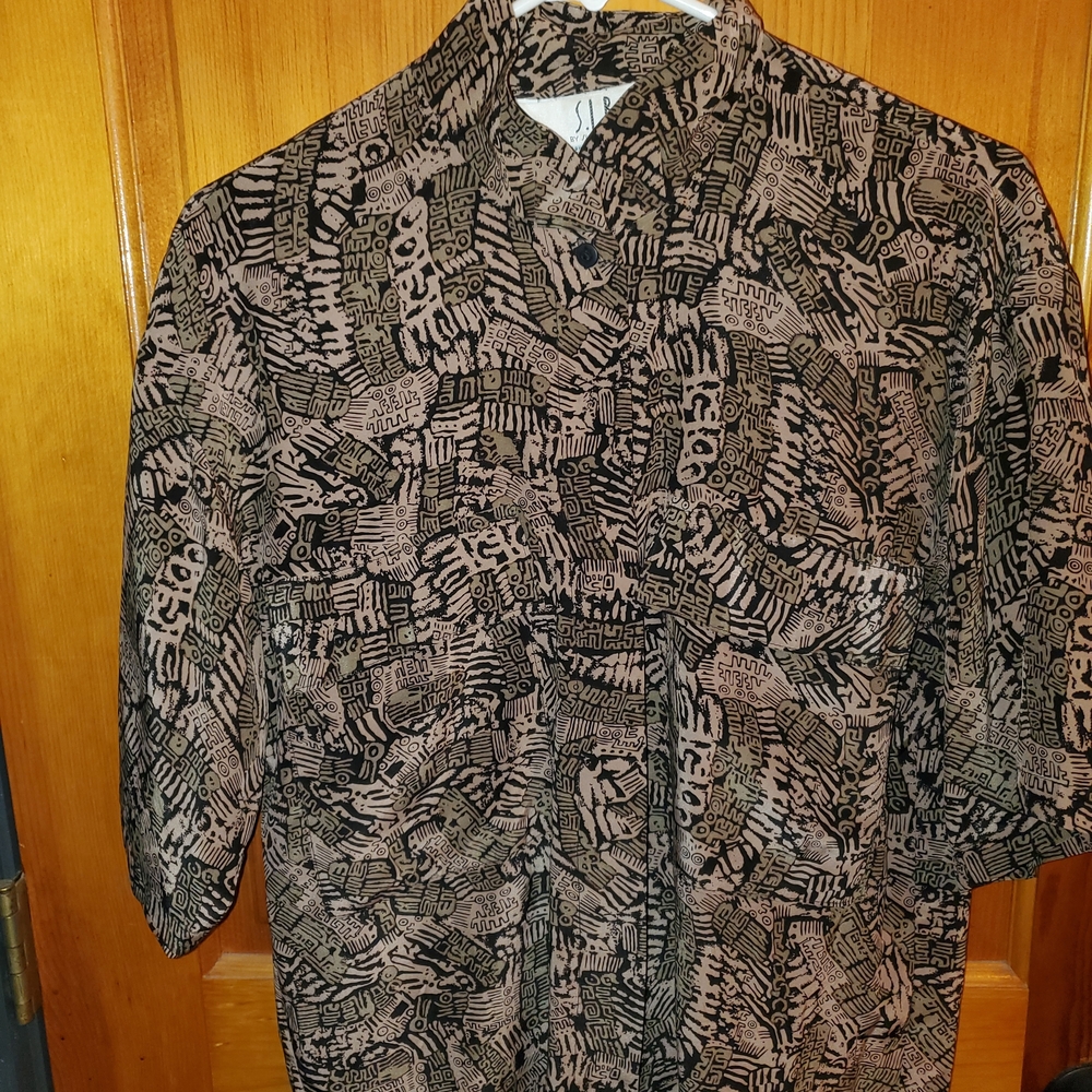 Vintage Sunny Leigh Black and Brown Abstrct Patterned 100% Silk Blouse